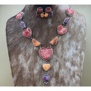 Navajo Handmade Sterling Silver Multi Spiny Oyster Shell Cluster Lariat Necklace